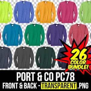 May include: A collection of 26 crewneck sweatshirts in various colors, including green, blue, and red. The image includes the text "26 COLOR BUNDLE!" and "PORT & CO PC78 FRONT & BACK - TRANSPARENT .PNG".