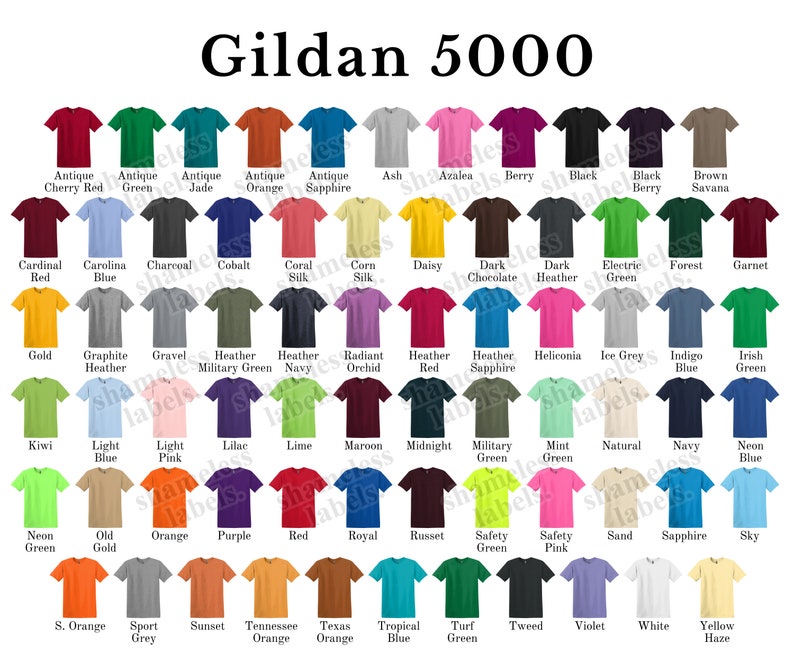 Editable Gildan 5000 Color Chart & Size Chart Canva Template Etsy