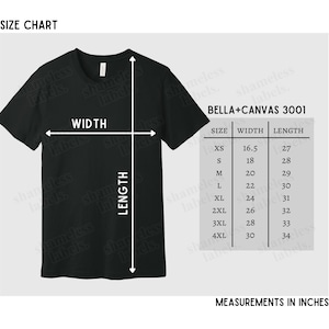 Bella Canvas 3001 Size Chart, Black T-Shirt Size Chart, BC3001 Size Chart (Includes Unbranded Version)