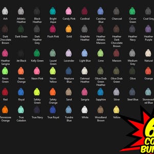May include: An image showcasing 69 different hoodie colours, each represented by a miniature hoodie. Colours include Teal, Charcoal, and Lavender, with labels. A red and yellow graphic reads "69 COLOR BUNDLE!"