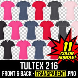 May include: A set of 11 blank t-shirts in various colors, including pink, red, black, grey, and blue. The t-shirts are arranged in rows and columns on a transparent background. The text "11 COLOR BUNDLE!" is in a red starburst shape. The text "TULTEX 216" is in black text below the starburst. The text "FRONT & BACK - TRANSPARENT .PNG" is in black text below the t-shirts.