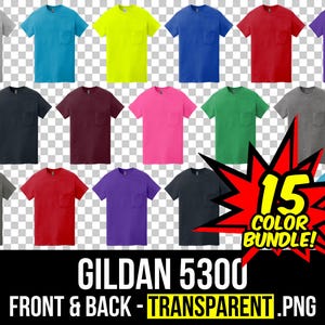 May include: A set of 15 Gildan 5300 t-shirts in various colors, including grey, blue, red, green, purple, black, and white. The shirts have a pocket on the left side and are shown on a transparent background.  15 Color Bundle!  Front & Back - Transparent .PNG