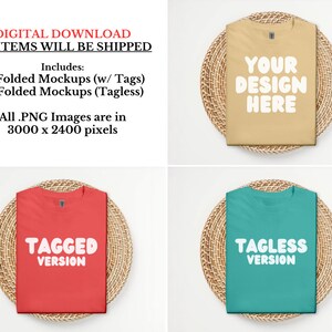 Op de afbeelding: Vier gevouwen T-shirts op geweven placemats. Twee T-shirts zijn beige, &eacute;&eacute;n is rood en &eacute;&eacute;n is teal. De beige T-shirts hebben de tekst "YOUR DESIGN HERE" en "TAGLESS VERSION". Het rode T-shirt heeft de tekst "TAGGED VERSION".