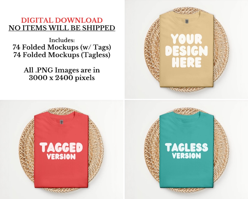 Op de afbeelding: Vier gevouwen T-shirts op geweven placemats. Twee T-shirts zijn beige, &eacute;&eacute;n is rood en &eacute;&eacute;n is teal. De beige T-shirts hebben de tekst "YOUR DESIGN HERE" en "TAGLESS VERSION". Het rode T-shirt heeft de tekst "TAGGED VERSION".