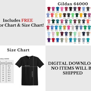 K&ouml;nnte beinhalten: Das Bild zeigt eine Farbkarte und eine Gr&ouml;&szlig;entabelle f&uuml;r Gildan 64000 T-Shirts. Die Gr&ouml;&szlig;entabelle zeigt die Ma&szlig;e in Zentimetern f&uuml;r die Gr&ouml;&szlig;en XS bis 4XL. Das Bild besagt auch "DIGITALER DOWNLOAD, KEINE ARTIKEL WERDEN VERSENDET".