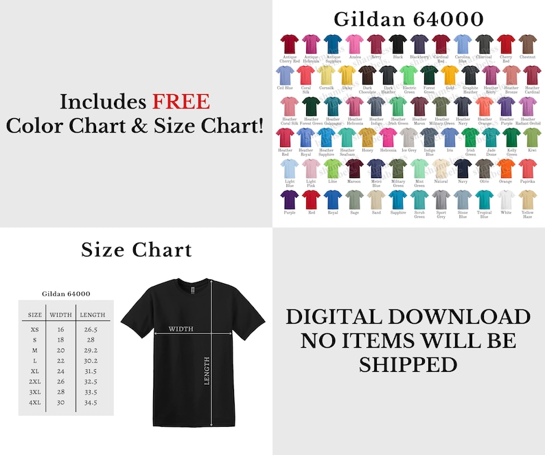 K&ouml;nnte beinhalten: Das Bild zeigt eine Farbkarte und eine Gr&ouml;&szlig;entabelle f&uuml;r Gildan 64000 T-Shirts. Die Gr&ouml;&szlig;entabelle zeigt die Ma&szlig;e in Zentimetern f&uuml;r die Gr&ouml;&szlig;en XS bis 4XL. Das Bild besagt auch "DIGITALER DOWNLOAD, KEINE ARTIKEL WERDEN VERSENDET".