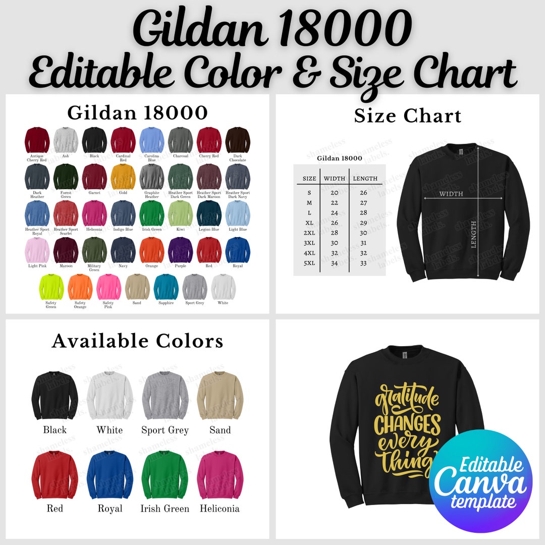 Gildan 18000 color chart size chart editable canva template g180
