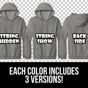 May include: Three gray zippered hoodies with different text on the front and back. The text on the front of the hoodies reads "String Hidden", "String Show", and "Back Side".