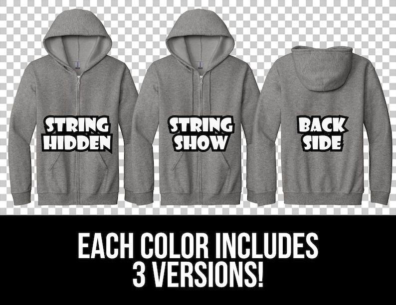 May include: Three gray zippered hoodies with different text on the front and back. The text on the front of the hoodies reads "String Hidden", "String Show", and "Back Side".