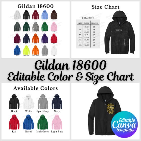 Gildan 18600 Color Chart & Size Chart, Editable Canva Template