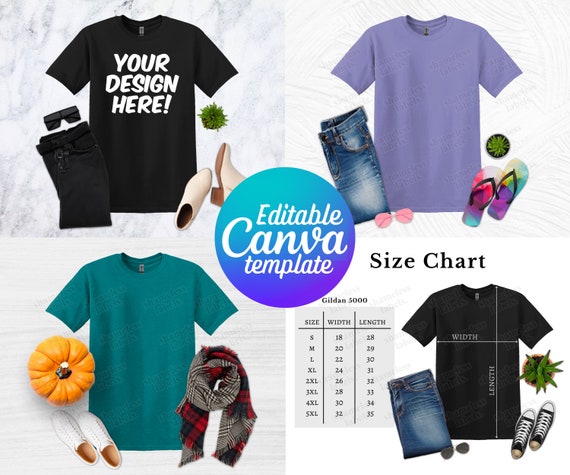 Editable Gildan 5000 Mockup, Canva Template, G500 Mockup Template, 5000 Size Chart, Gildan Mockup Bundle
