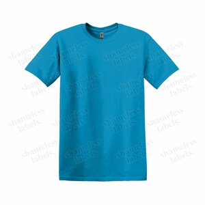 Puede incluir: Una camiseta lisa de color azul turquesa brillante con mangas cortas. La camiseta tiene cuello redondo.