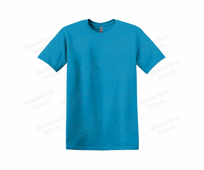 Puede incluir: Una camiseta lisa de color azul turquesa brillante con mangas cortas. La camiseta tiene cuello redondo.