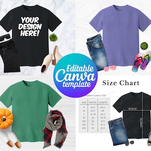 May include: A size chart for t-shirts with measurements in inches. The chart shows the width and length of the shirts in sizes S through 4XL. The image also shows three t-shirts in different colors: black, green, and purple.