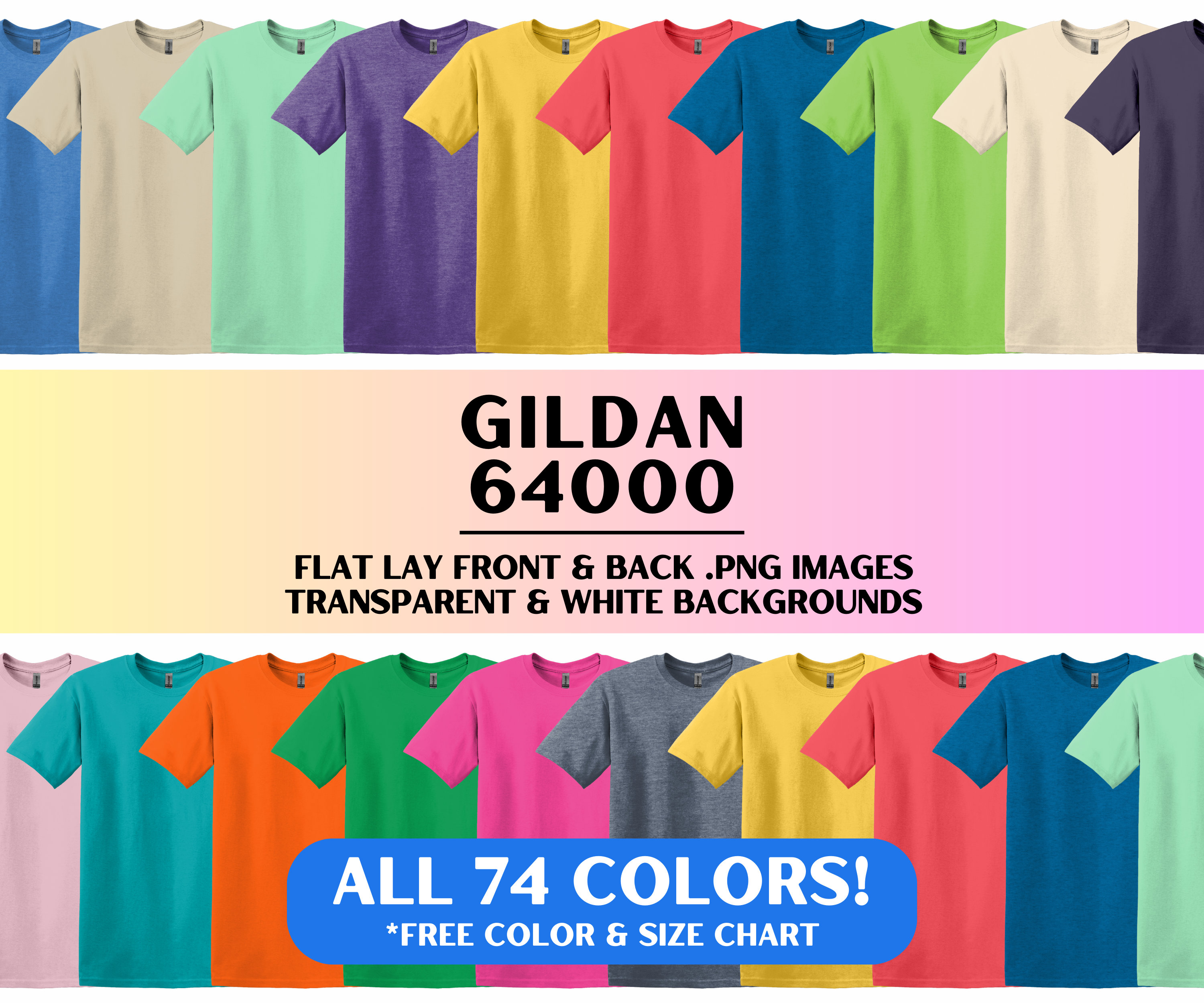 Ensemble de maquettes PNG recto verso Gildan 64000, toutes les maquettes de t-shirt couleurs 2024, maquettes vierges à plat G640