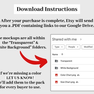 Pu&ograve; includere: Immagine con testo: "Istruzioni per il download" e "Dopo l'acquisto, Etsy ti invier&agrave; un .PDF contenente i link al nostro Google Drive." Mostra anche una struttura di cartelle di Google Drive con cartelle "Transparent" e "White Background".