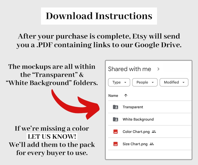 Pu&ograve; includere: Immagine con testo: "Istruzioni per il download" e "Dopo l'acquisto, Etsy ti invier&agrave; un .PDF contenente i link al nostro Google Drive." Mostra anche una struttura di cartelle di Google Drive con cartelle "Transparent" e "White Background".
