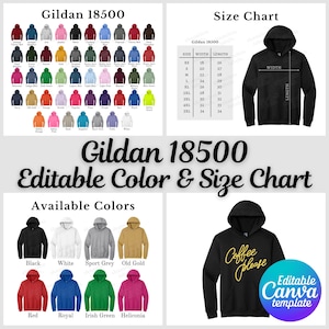 Tabla de colores y tabla de tallas Gildan 18500, plantilla editable de Canva, tabla de colores G185, tabla de tallas G185, paquete Gildan 18500