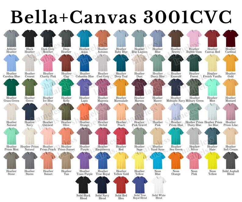 K&ouml;nnte beinhalten: Eine Tabelle mit den Farben der Bella + Canvas 3001CVC T-Shirts. Die Tabelle zeigt 60 verschiedene Farben, darunter Melange-, Uni- und Prismafarben.