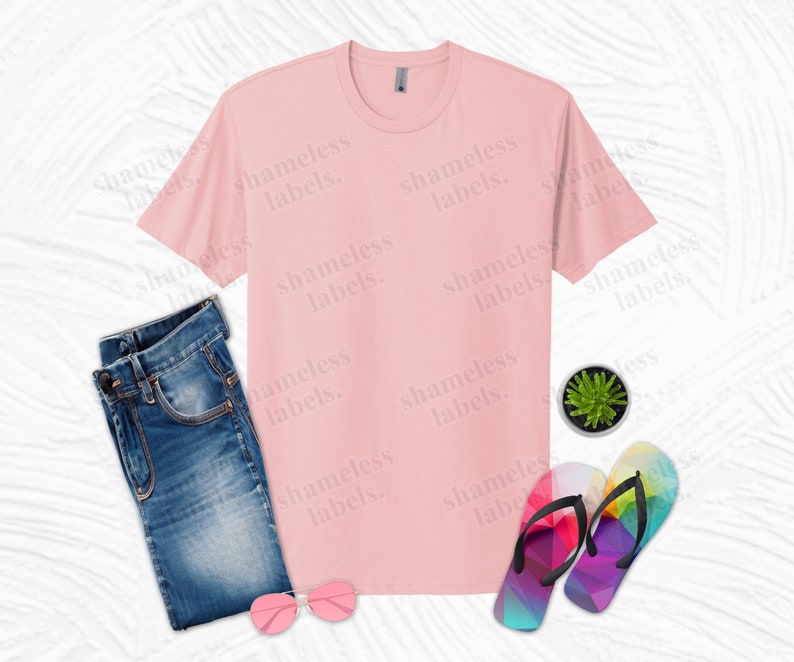 May include: A light pink crew neck t-shirt, blue denim jeans, pink sunglasses, a small potted succulent, and a pair of colorful geometric pattern flip-flops. The text "shameless labels" is watermarked across the image.