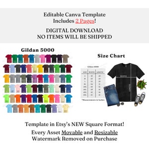 Gildan 5000 Farb & Größentabelle, EDITIERBARE Canva-Vorlage, G500 Farbkarte, G500 Größentabelle Bild 5