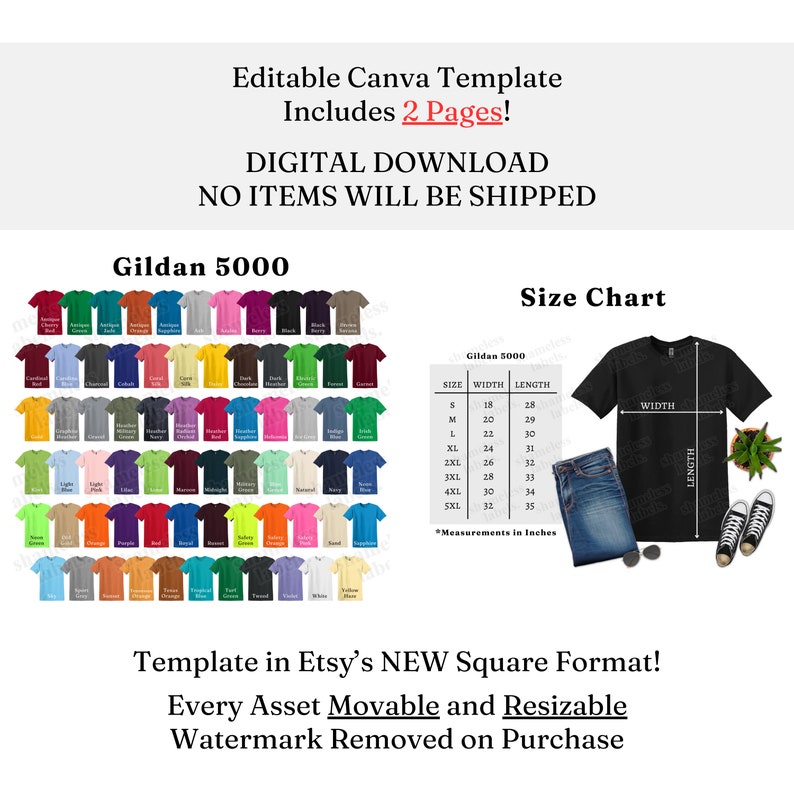 Gildan 5000 Farb & Größentabelle, EDITIERBARE Canva-Vorlage, G500 Farbkarte, G500 Größentabelle Bild 5