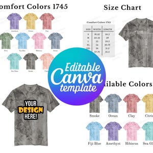 Puede incluir: Una tabla de tallas para camisetas en varios colores, incluyendo humo, océano, arcilla, citrino, azul Fiji, amatista, hibisco y vidrio de mar. La tabla muestra las medidas de ancho y largo para las tallas S a 2XL. La imagen también incluye una maqueta de una camiseta con el texto "Your Design Here!" en amarillo.