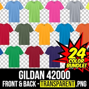 May include: 24 color bundle of Gildan 42000 t-shirts, front and back, transparent PNG images. The t-shirts are shown in a variety of colors, including yellow, blue, green, pink, gray, red, orange, purple, and black.
