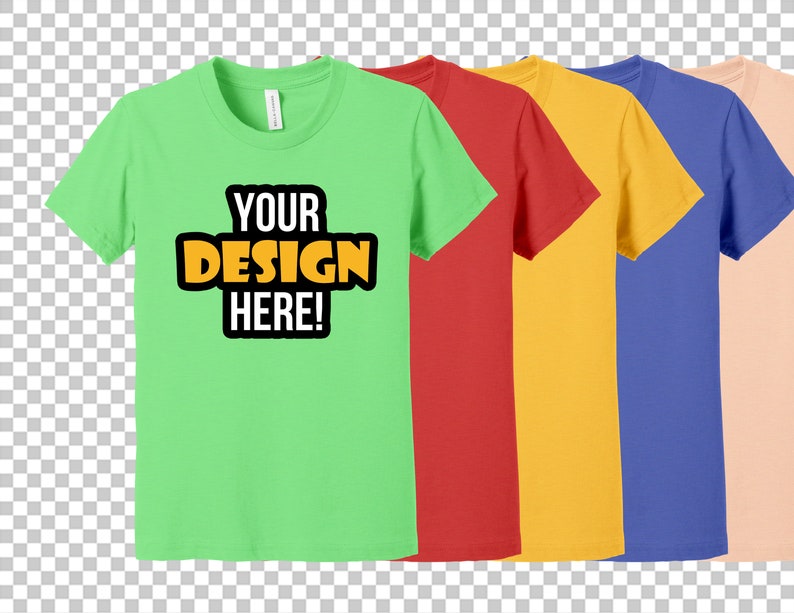 May include: Five blank t-shirts in different colors: green, red, yellow, blue, and peach. The green t-shirt has the text "YOUR DESIGN HERE!" printed on it.