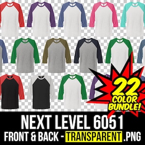 Puede incluir: Una colección de camisetas de béisbol Next Level 6051 con mangas en contraste y cuello redondo. La imagen muestra varias combinaciones de colores. El texto incluye "22 COLOR BUNDLE!" y "NEXT LEVEL 6051 FRONT & BACK - TRANSPARENT .PNG".