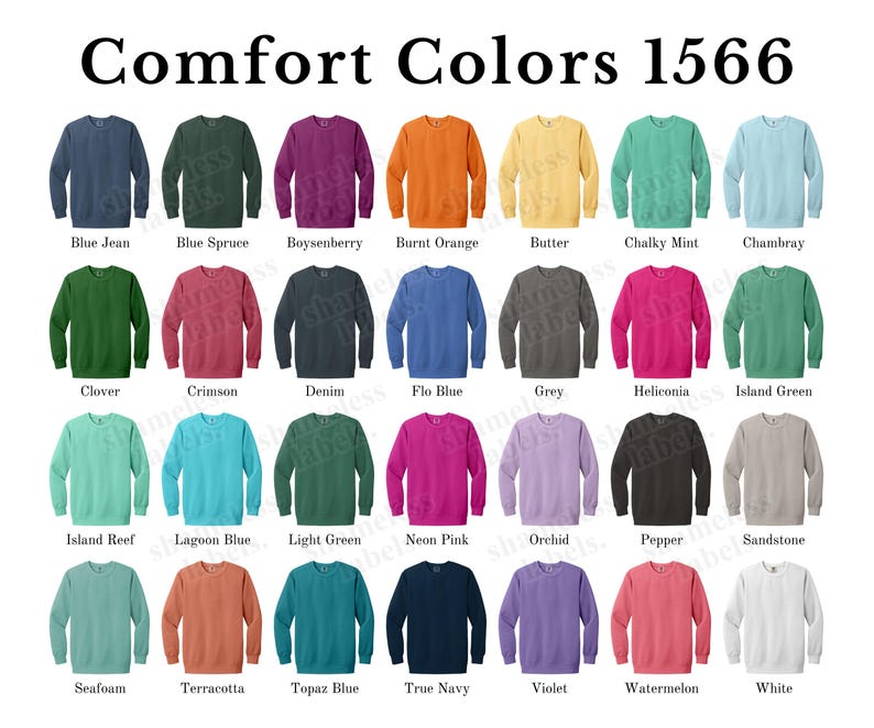 May include: A chart of 20 different colors of Comfort Colors 1566 sweatshirts. The colors are arranged in four rows of five. The colors include blue jean, blue spruce, boysenberry, burnt orange, butter, chalky mint, chambray, clover, crimson, denim, flo blue, grey, heliconia, island green, island reef, lagoon blue, light green, neon pink, orchid, pepper, sandstone, seafoam, terracotta, topaz blue, true navy, violet, watermelon, and white.