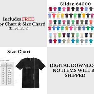 Puede incluir: Una tabla de tallas para camisetas Gildan 64000, que muestra las medidas de ancho y largo para las tallas XS a 4XL. La tabla incluye una representaci&oacute;n visual de una camiseta negra con las medidas de ancho y largo etiquetadas. El texto "DESCARGA DIGITAL NING&Uacute;N ART&Iacute;CULO SER&Aacute; ENVIADO" tambi&eacute;n est&aacute; incluido.
