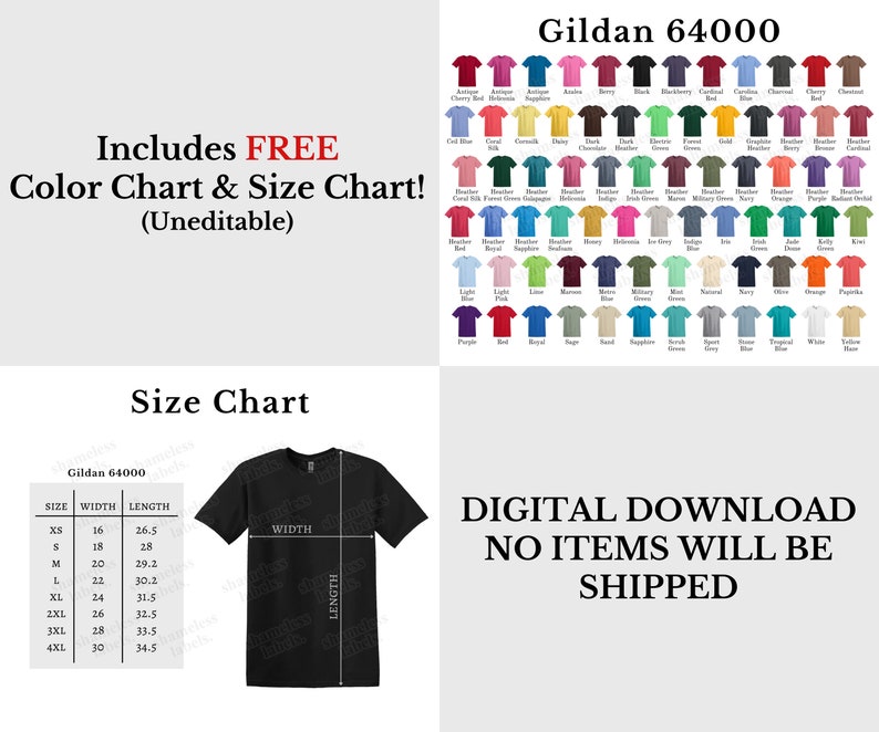Puede incluir: Una tabla de tallas para camisetas Gildan 64000, que muestra las medidas de ancho y largo para las tallas XS a 4XL. La tabla incluye una representaci&oacute;n visual de una camiseta negra con las medidas de ancho y largo etiquetadas. El texto "DESCARGA DIGITAL NING&Uacute;N ART&Iacute;CULO SER&Aacute; ENVIADO" tambi&eacute;n est&aacute; incluido.