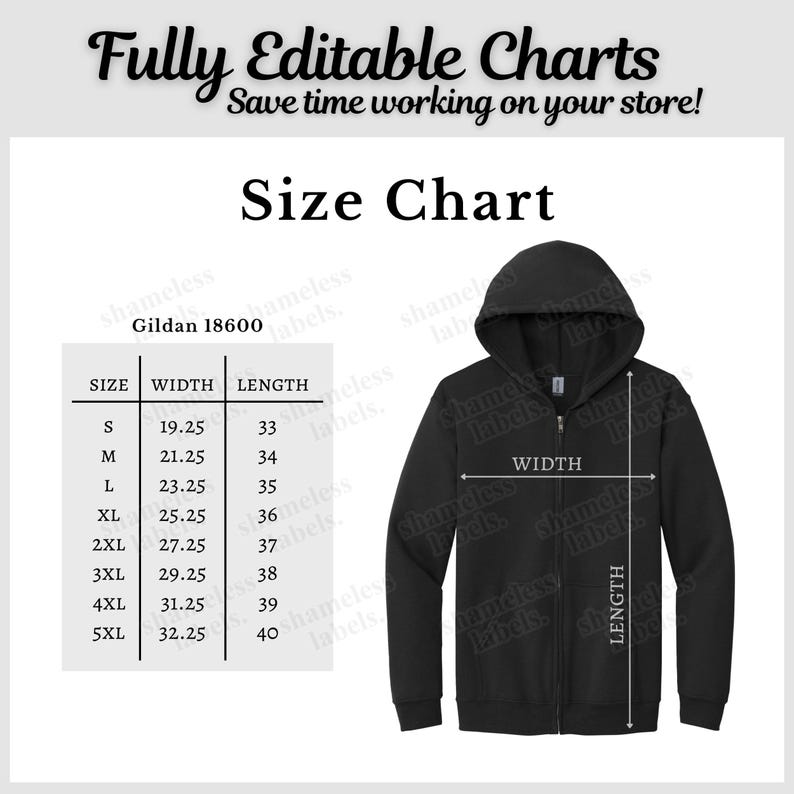 Gildan 18600 Color Chart & Size Chart, Editable Canva Template, G186 ...