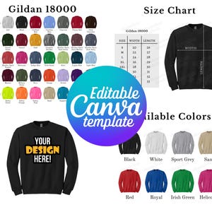 Bearbeitbare Gildan 18000 Farbkarte & Größentabelle, Canva Vorlage, G180 Farbkarte Vorlage, 18000 Größentabelle, Mockup Bundle