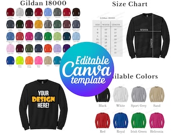 Editable Gildan 18000 Color Chart & Size Chart, Canva Template, G180 Color Chart Template, 18000 Size Chart, Mockup Bundle