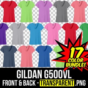 May include: A bundle of 17 Gildan G500VVL V-neck t-shirts in various colors. The shirts are displayed on a transparent background. The text "17 Color Bundle!" is in a red starburst shape.