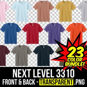 May include: A set of 23 blank t-shirts in various colors, including pink, blue, red, green, purple, orange, brown, gray, and black. The shirts are all the same style, with short sleeves and a crew neck. The text "NEXT LEVEL 3310 FRONT & BACK - TRANSPARENT .PNG" is at the bottom of the image.
