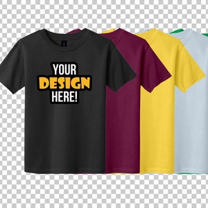 May include: Five t-shirts in different colors: black, maroon, yellow, light blue, and green. The black t-shirt has the text "YOUR DESIGN HERE!" in yellow.