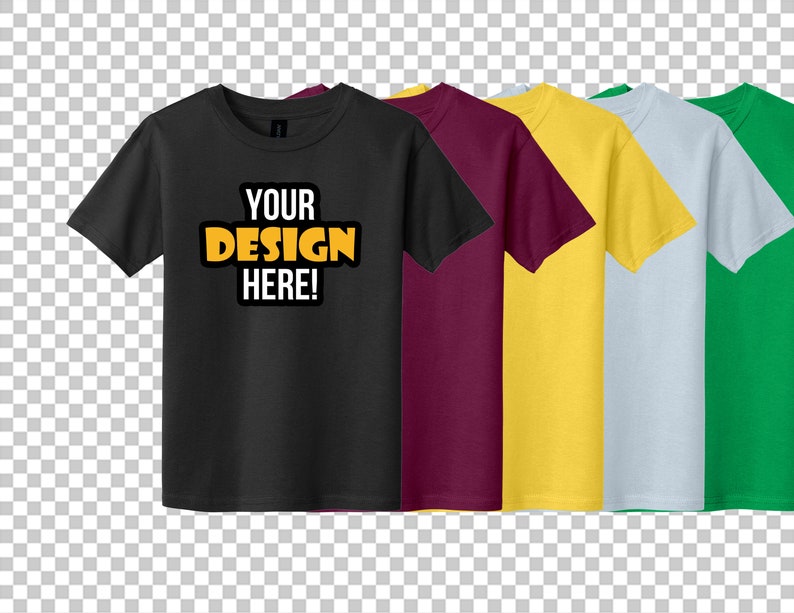 May include: Five t-shirts in different colors: black, maroon, yellow, light blue, and green. The black t-shirt has the text "YOUR DESIGN HERE!" in yellow.
