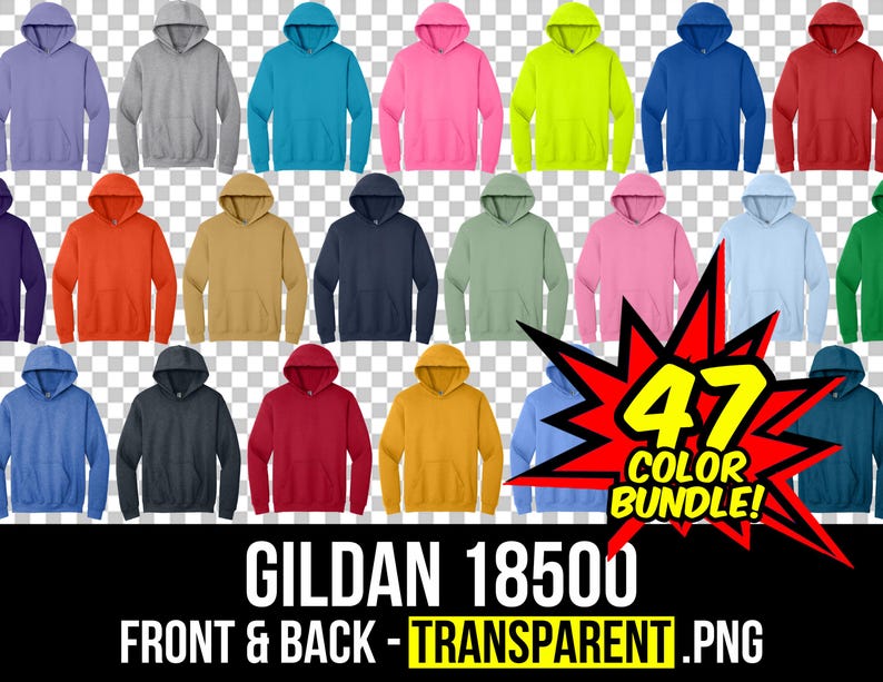 Puede incluir: Un conjunto de 47 sudaderas con capucha en blanco en varios colores. Las sudaderas est&aacute;n dispuestas en filas y columnas sobre un fondo transparente. El texto "GILDAN 18500 FRONT & BACK - TRANSPARENT .PNG" est&aacute; en la parte inferior de la imagen.