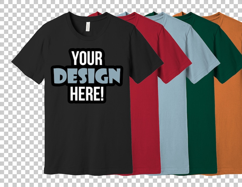 K&ouml;nnte beinhalten: F&uuml;nf T-Shirts in verschiedenen Farben: Schwarz, Rot, Hellblau, Gr&uuml;n und Orange. Das schwarze T-Shirt hat den Text "YOUR DESIGN HERE!" auf der Vorderseite.