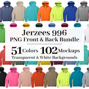 Jerzees 996MR Front and Back Flat Lay Mockup Bundle, Transparent + White Backgrounds, All 51 Colors High Resolution, Hoodie Mockups 996