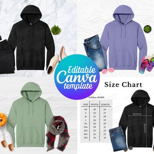 Editable Gildan 18500 Mockup, Canva Template, G185 Mockup Template, 18500 Size Chart, Gildan Mockup Bundle