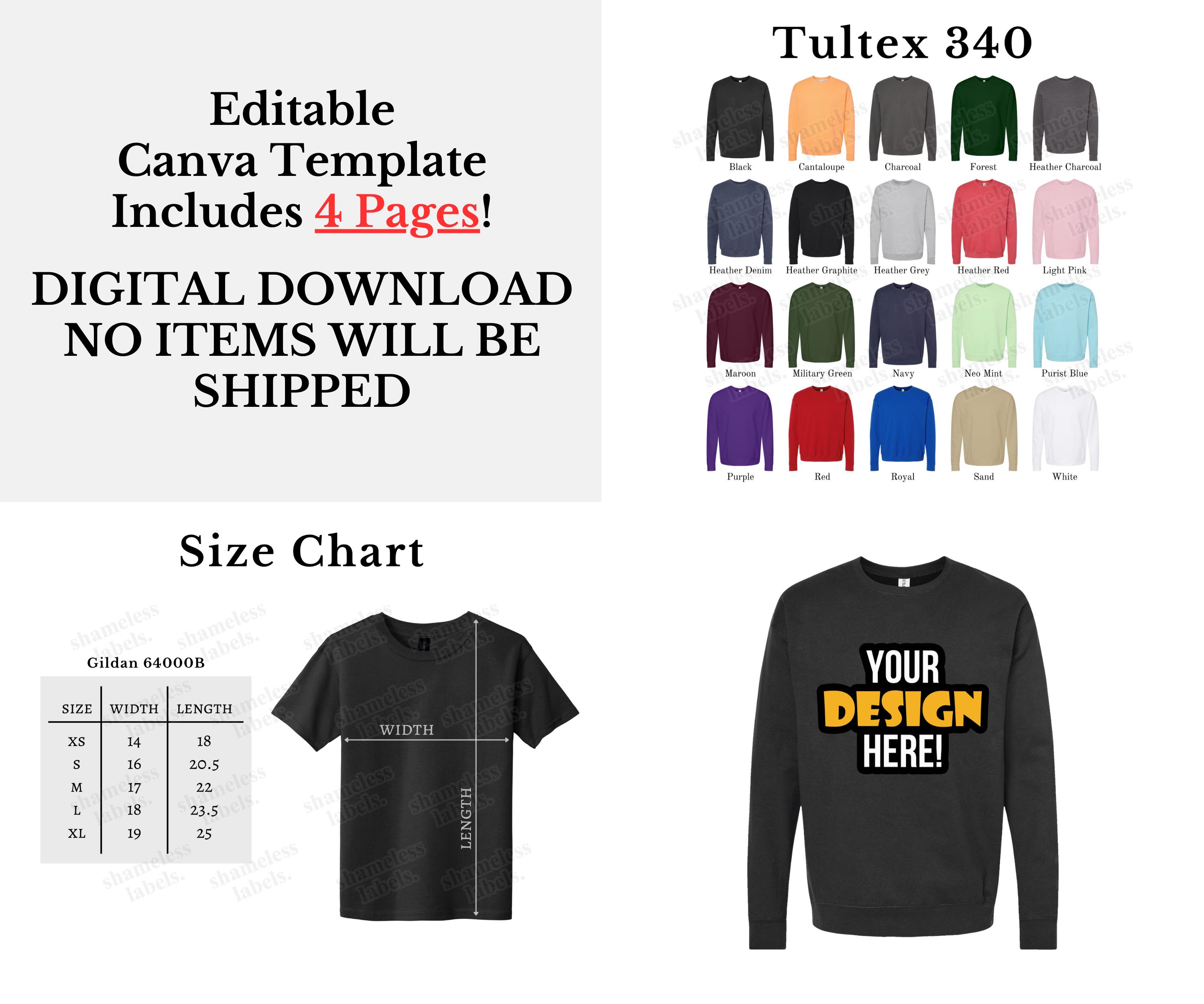 Editable Tultex 340 Color Chart & Size Chart, Canva Template, 340 Color ...