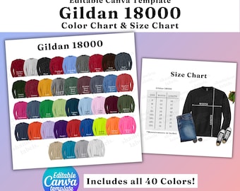 Gildan 18000 Color & Size Chart, EDITABLE Canva Template, 18000 Color Chart, G180 Size Chart