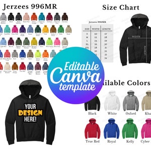 編集可能な Jerzees 996MR カラーチャートとサイズチャート、Canva テンプレート、996MR カラーチャート テンプレート、996MR サイズチャート、モックアップ バンドル