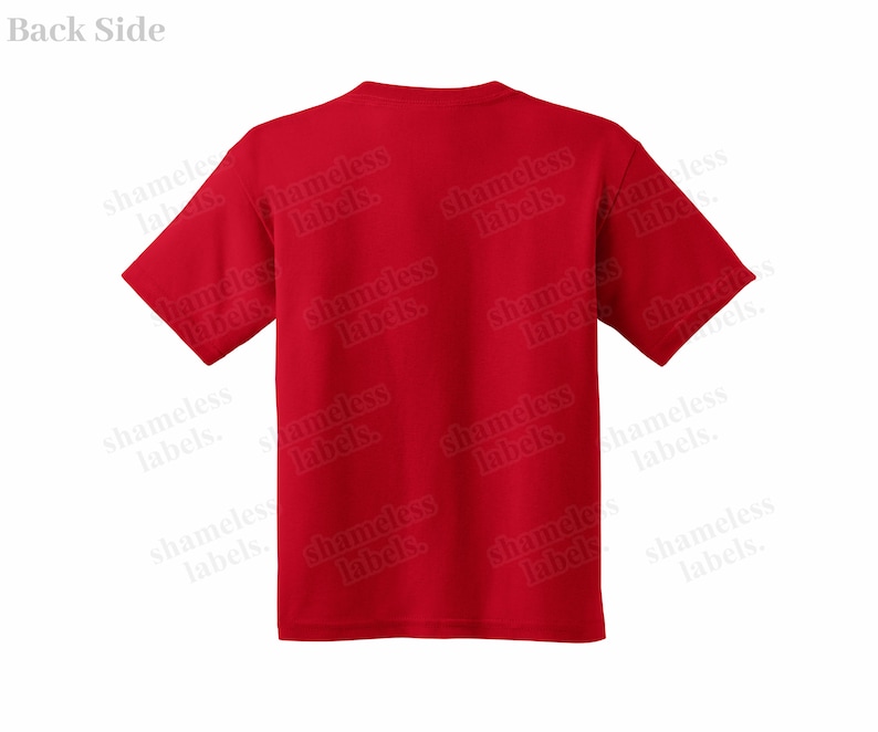 May include: Red short-sleeved t-shirt with the text "shameless labels." repeated on the front and back.
