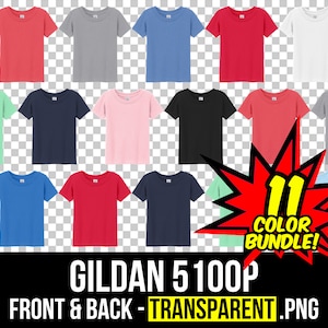 May include: A set of 11 blank t-shirts in various colors, including red, blue, green, black, and white. The t-shirts are arranged in rows and columns, with a red starburst graphic in the center that says "11 Color Bundle!" The t-shirts are all Gildan 5100P, front and back, transparent PNG.