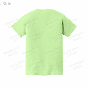May include: A light green t-shirt with the text "shameless labels." repeated on the front and back.